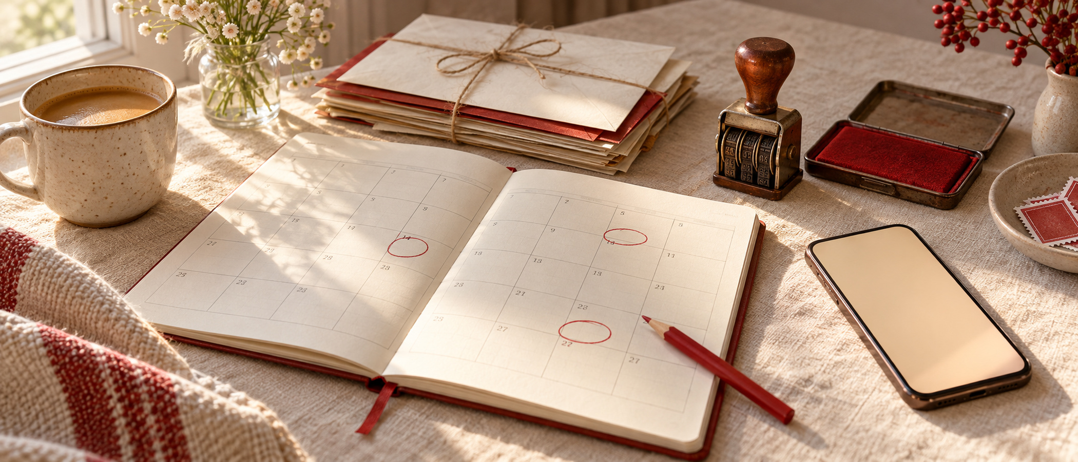 A desk with mail and a calendar